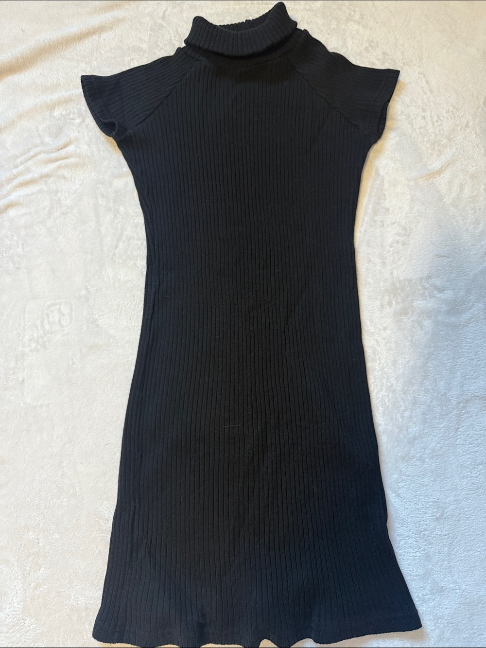 Ribbed Turtleneck Cap-Sleeve Dress - Black